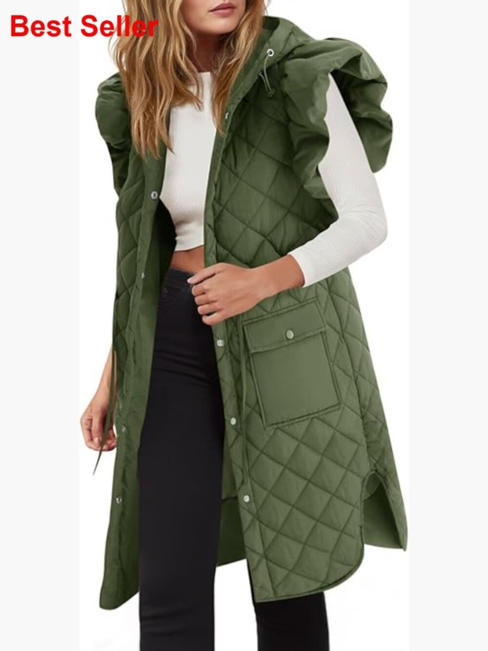 Long Puffer Vest with Hood and Ruffle Sleeves, 100% Polyester